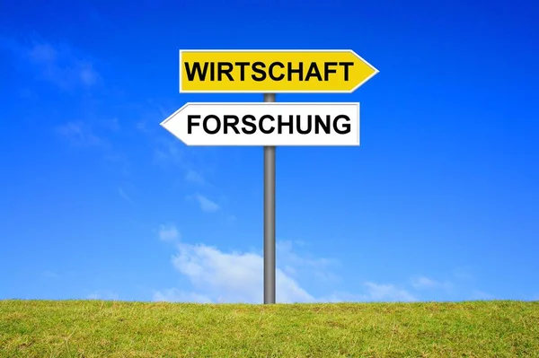 Signpost showing Research and Economy german — Stock Photo, Image
