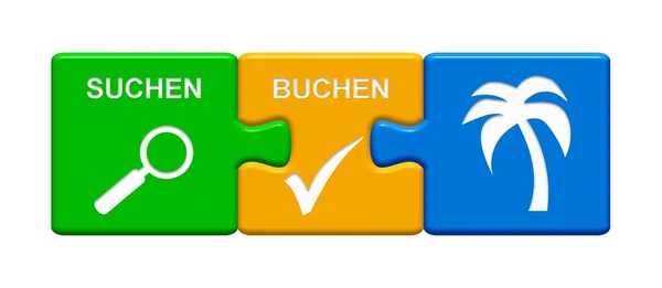 3 Boutons Puzzle montrant Recherche et Réserver Vacances Allemand — Photo