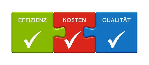 3 boutons de puzzle montrant l'efficacité coût qualité allemand — Photo