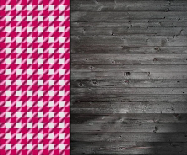 De houten achtergrond traditie met rood tafellaken — Stockfoto