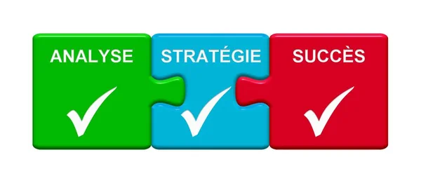 3 Puzzle Buttons showing Analysis Strategy Success french — Stock Photo, Image