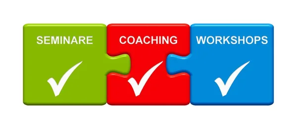 3 Botões de Puzzle mostrando Seminários Coaching Workshops alemão — Fotografia de Stock