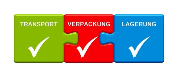 3 Puzzle Buttons showing Transportation Packaging Storage german — Stock Photo, Image