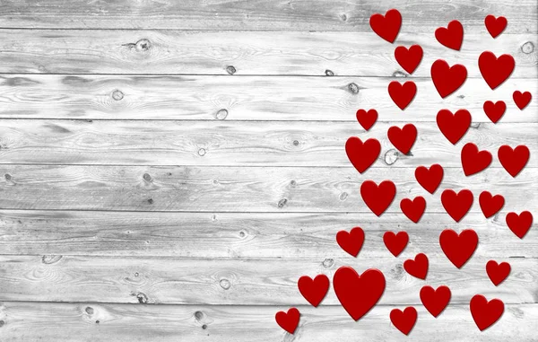 Alte weiße Holzplanken mit roten Herzen — Stockfoto