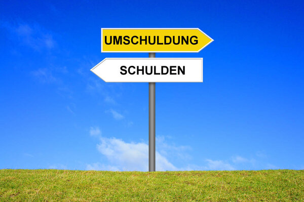 Signpost showing Debt and Restructuring german