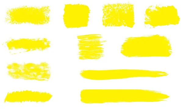 Collection of 11 hand painted brush stripes and banner with yellow color — Stock Photo, Image