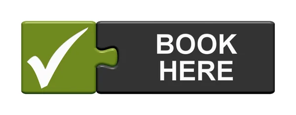 Puzzle Button green black with tick: Book here — Stock Photo, Image