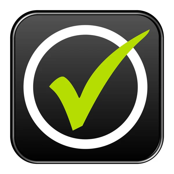 Black Button: Green tick in white circle — Stock Photo, Image