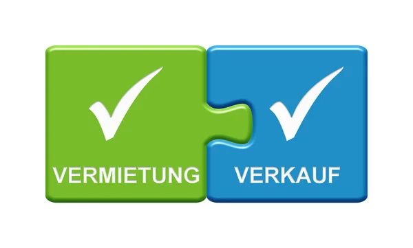 2 Puzzle Buttons green and blue showing Rental and Selling german — стокове фото