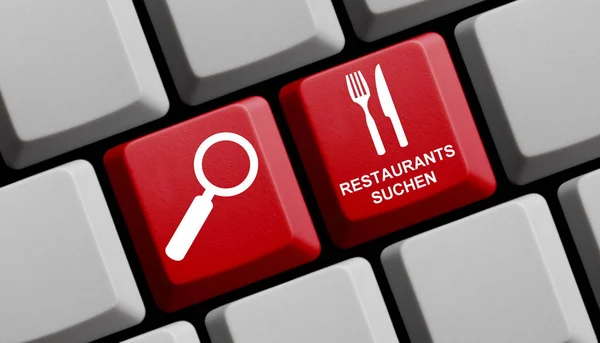 Teclado de ordenador con texto alemán que significa Buscar Restaurantes — Foto de Stock