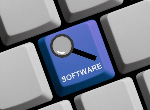 Magnifier Icon on blue computer keyboard - Find Software — Stock Photo, Image