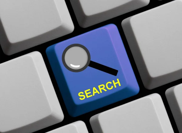 Ikona lupy na niebieskiej klawiaturze komputera - wyszukiwanie i wyszukiwanie — Zdjęcie stockowe