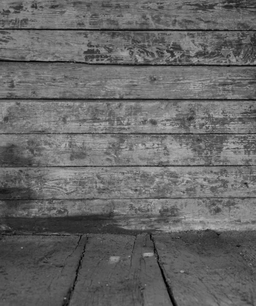 Empty Dirty Room Wooden Floor Grey Wood Wall — Stock Photo, Image