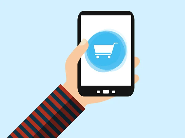 Ręczne Trzymanie Smartphone Online Shopping Symbol Flat Design — Zdjęcie stockowe