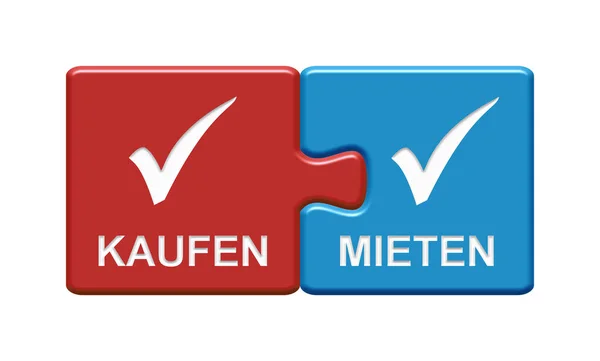 Two Puzzle Buttons Tick Symbols Showing Sell Rent German Language — Stock Photo, Image