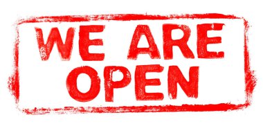 We Are Open Banner: Kalıplı kırmızı kauçuk kaplama çerçeve