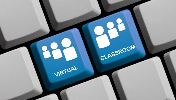 Learning Nebo Virtual Classroom Koncept Modré Klávesnici Počítače — Stock fotografie