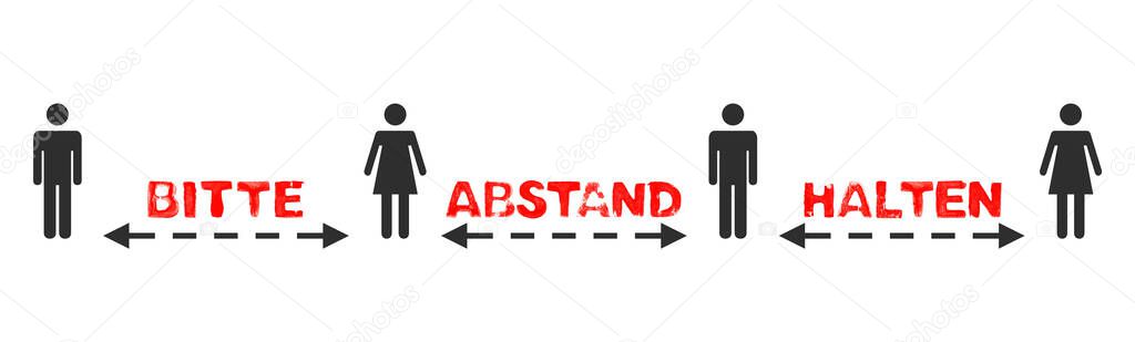 Illustration of people with text and arrows: Please keep your distance in german language