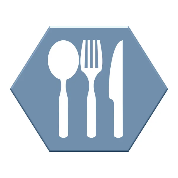 Botão Hexágono Azul Com Talheres Mostrando Ícone Para Restaurante Comida — Fotografia de Stock