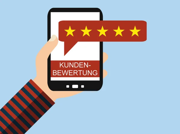 Mão Segurando Smartphone Melhor Revisão Cliente Língua Alemã Estrelas Flat — Fotografia de Stock