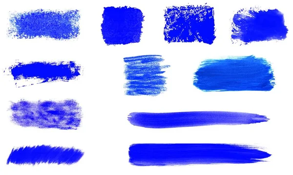 11本の手描きの濃い青のブラシの質感のセット ストライプとバナー — ストック写真