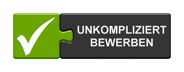 Isolated Puzzle Button with Tick Symbol showing Apply fast and easy in german language