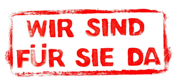 Sizin Için Buradayız Banner Alman Dilinde Şablon Yazılı Kırmızı Kauçuk — Stok fotoğraf