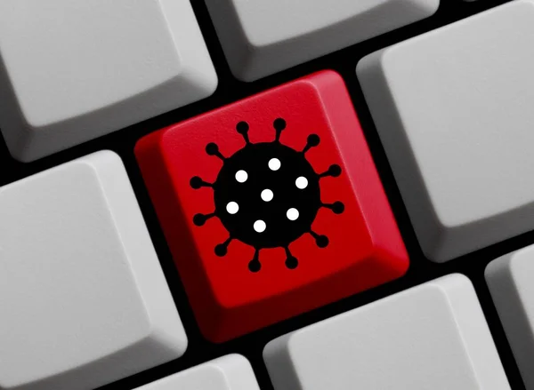 Tastiera Rossa Computer Con Simbolo Coronavirus Iscriviti Informazioni Covid Virus — Foto Stock