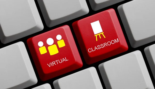 Červená Počítačová Klávesnice Ukazující Virtuální Učebnu Digitální Učení Doma — Stock fotografie
