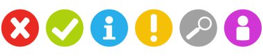 X, tik, bilgi sembolü, bang, arama ve hesabı kırmızı, yeşil, mavi, turuncu, gri ve mor renkli yuvarlak düğmeler kümesi