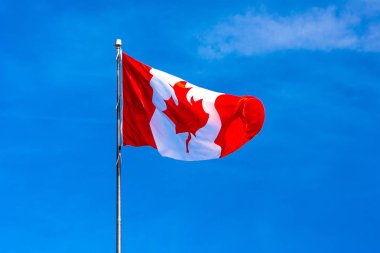 Mavi bir gökyüzü karşı uçan Kanada bayrağı.