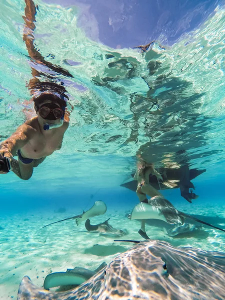 Manta's zwemmen in Bora Bora eiland in Frans-Polynesië duri — Stockfoto