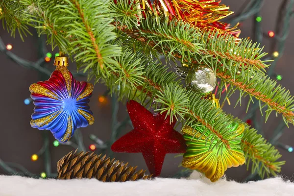 Vánoční Hračky Pole Hdr Stromě Rozmazané Pozadí Věnec Styl Bokeh Stock Fotografie