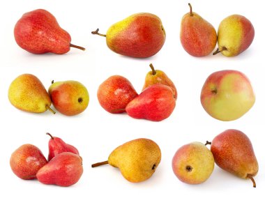 Lezzetli ve olgun meyvelerin beyaz arka planında izole edilmiş pembe ve sarı alabalık fıçıları seçmek ve vurmak için çeşitli seçenekler