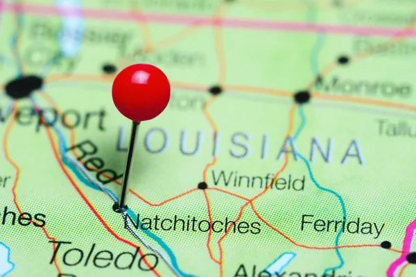 Natchitoches vastgemaakt op een kaart van Louisiana, Usa — Stockfoto