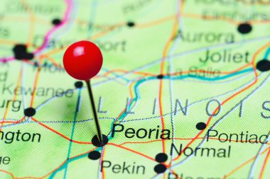 Peoria pinned on a map of Illinois, USA clipart