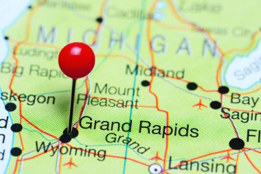 Grand Rapids pinned on a map of Michigan, USA clipart