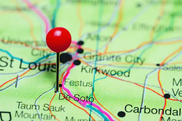 De Soto vastgemaakt op een kaart van Missouri, Usa — Stockfoto