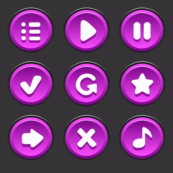 Set of vector purple buttons to play, pause, menu, arrow, music, restart — Stock Vector