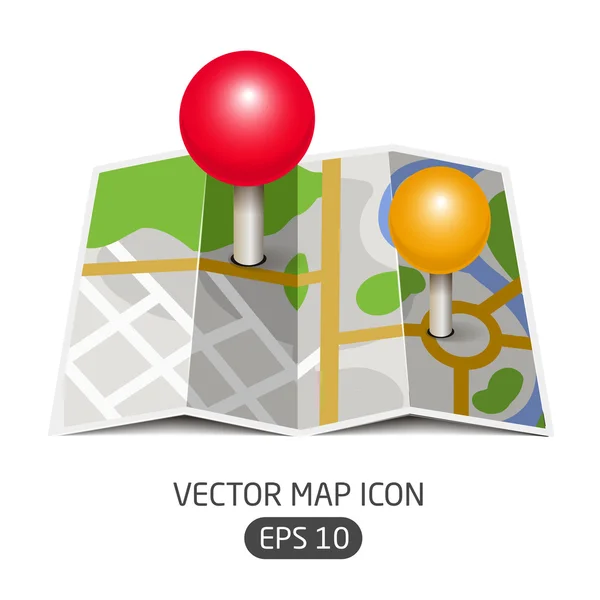 Vektor karta ikon på böjda papperet med navigering genom staden och märken — Stock vektor