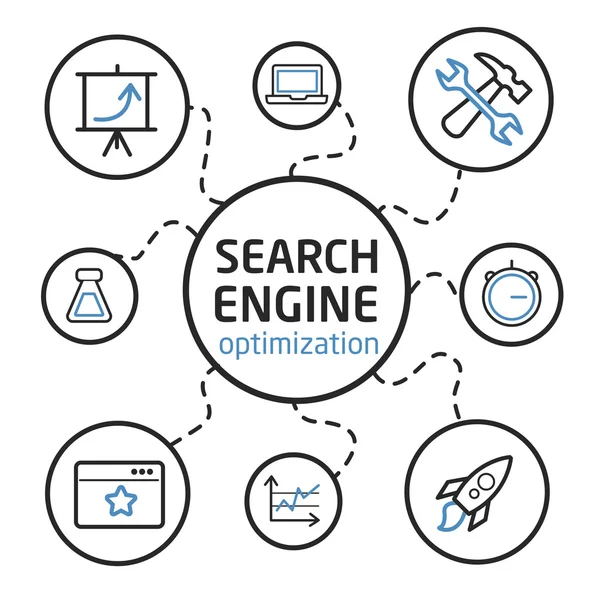 Ilustración sobre optimización de motores de búsqueda, tecnología informática y big data — Archivo Imágenes Vectoriales