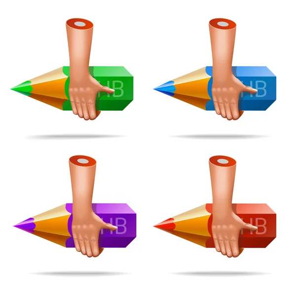 Vector uppsättning av realistiska ikoner med hand och penna — Stock vektor