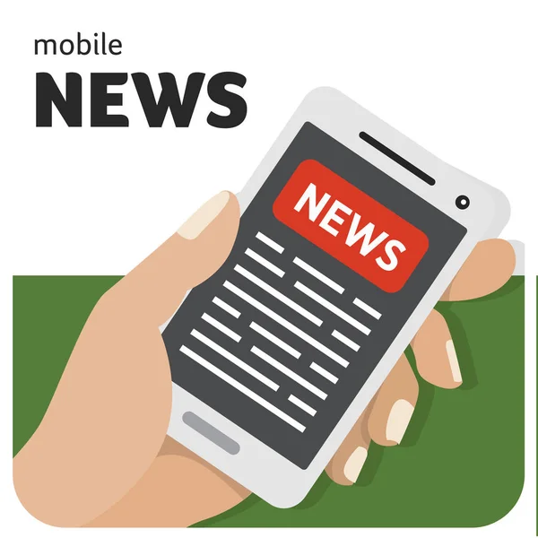 Векторная плоская иконка с изображением руки и мобильного телефона с новостями смартфона — стоковый вектор