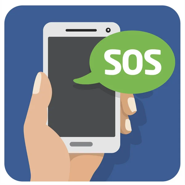 Vector flat illustration icon with the hand and mobile phone with a smartphone sos — Stock Vector