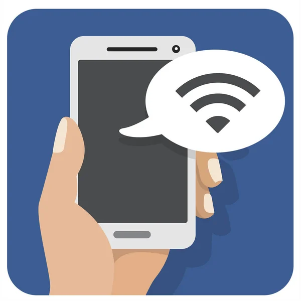 Icono de ilustración plana vectorial con la mano y el teléfono móvil con un teléfono inteligente wifi — Vector de stock