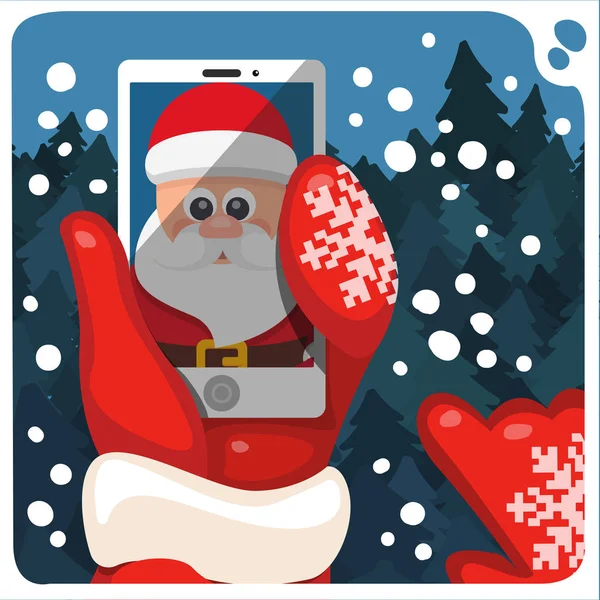 Illustration vectorielle de Noël avec selfie mains Santas et téléphone portable — Image vectorielle