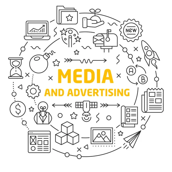 Linią ikony ilustracja koło media i reklama — Wektor stockowy
