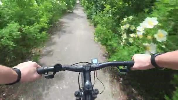 Viaje a bicicleta de montaña desde la mano en primera persona el volante y el polvo de la carretera — Vídeo de stock