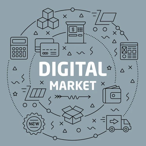 Illustrazione lineare mercato digitale — Vettoriale Stock