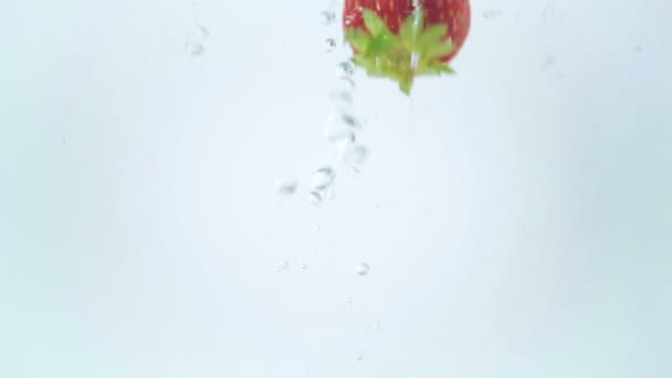 Färska jordgubbar föll i vattnet — Stockvideo